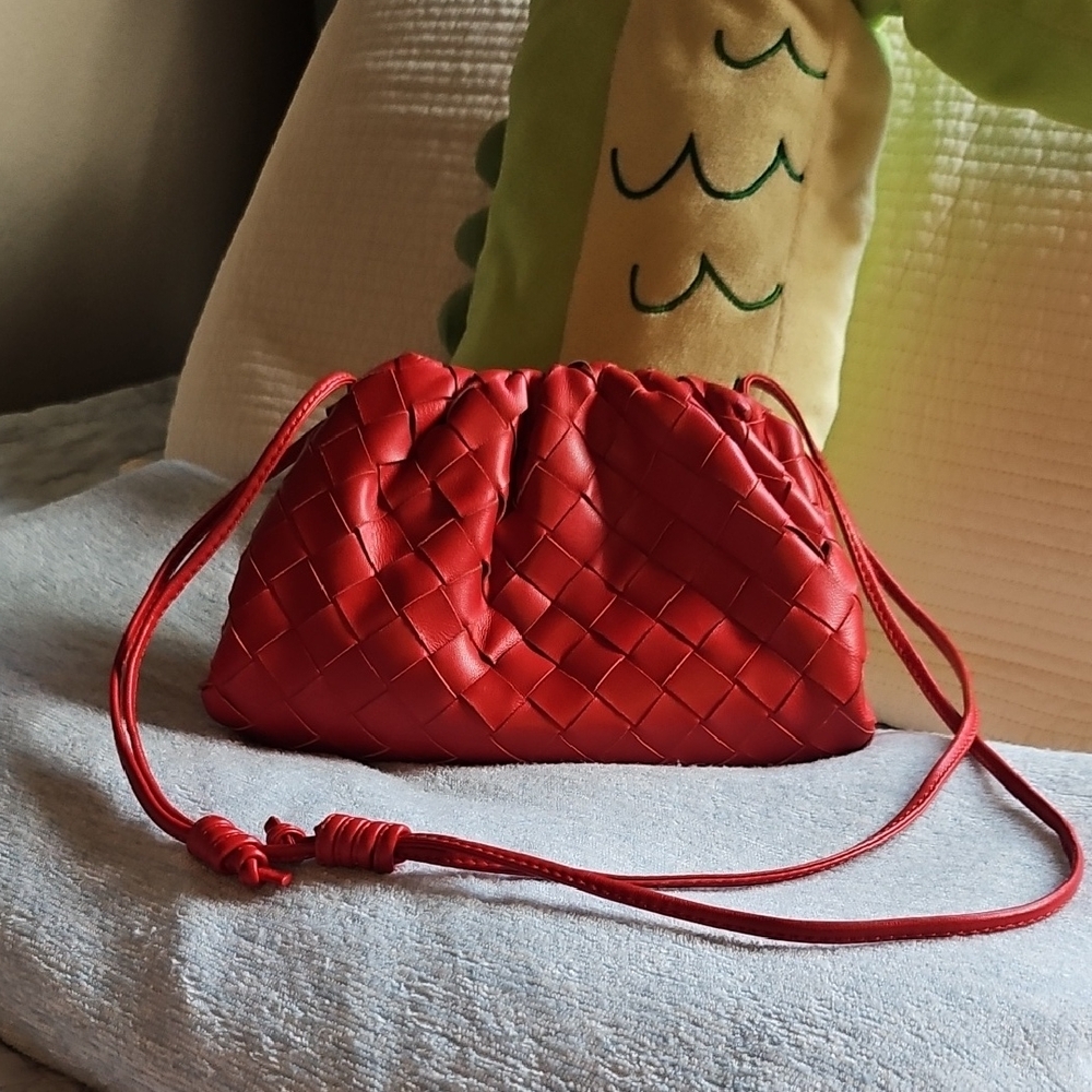 Red Woven Leather Clutch with Ruched Design